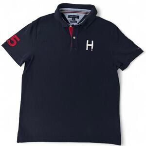 Tommy Hilfiger Navy Blue Polo w/ White & Red Logo Detail - Size L